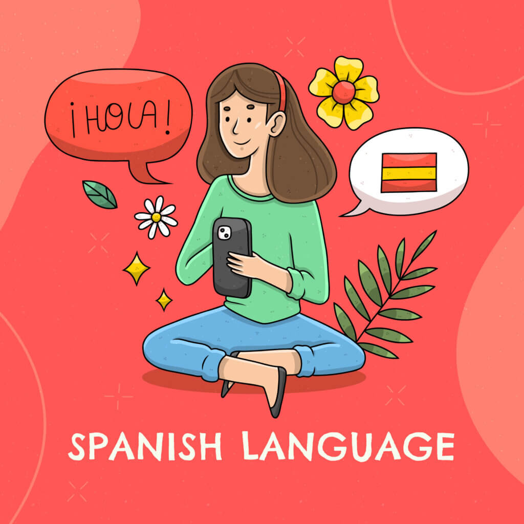 Ilustração de uma mulher aprendendo o idioma Espanhol através do celular