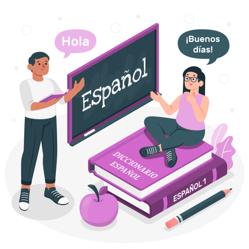 Ilustração de 2 indivíduos falando o idioma Espanhol, com frases em Espanhol